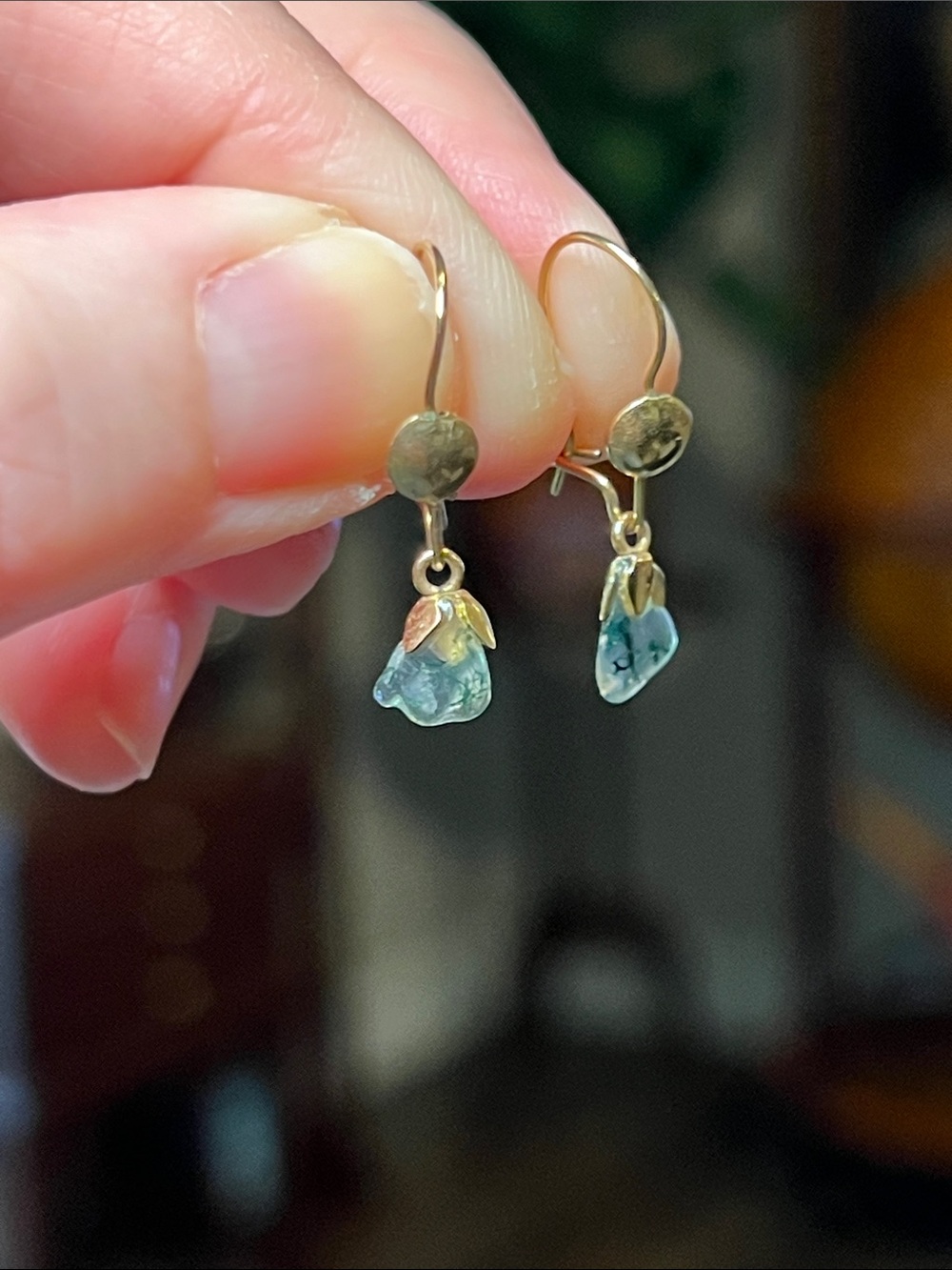 Antique Victorian Gold Filled Baby Tooth Shaped Moss Agate Drop Dangle Earrings
